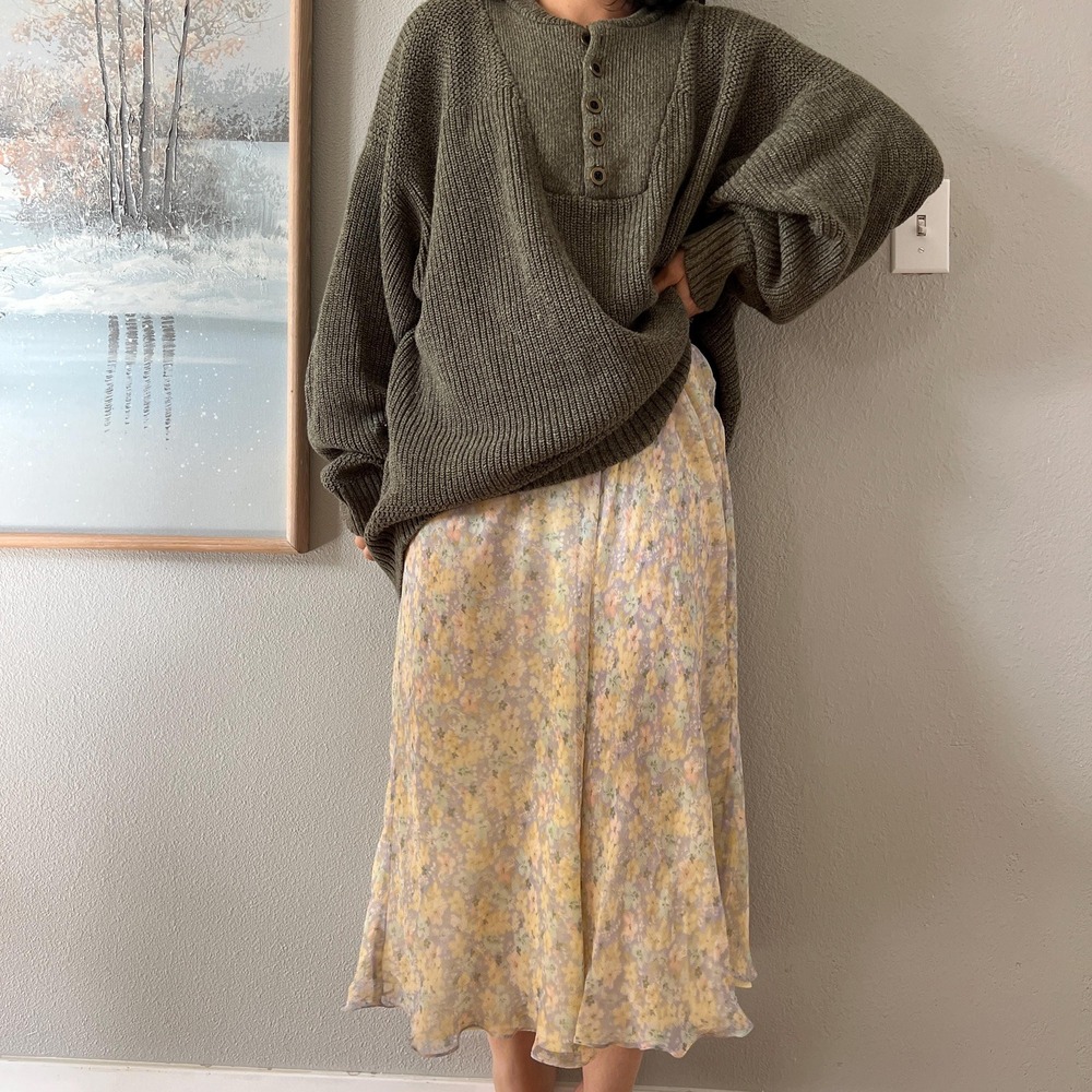 Y2K Silk Floral‎ Midi Skirt Bias Cut Cottagecore soft romantic layering Slip - Picture 2 of 9